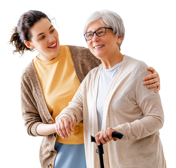 caregiver assisting the senior woman while walking